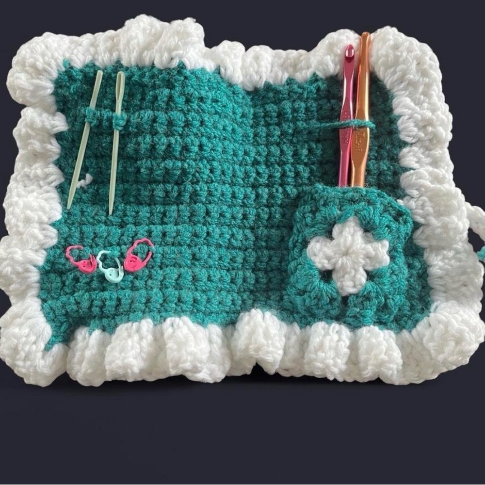 Handmade (by me🩷) Teal Crochet Needle Sleeve with White Ruffled Edge